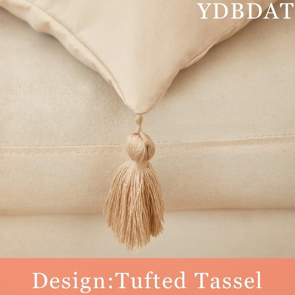 Set of 2 Boho Rainbow Decorative Textured Throw Pillow Covers 18x18 Farmhouse Colorful Tufted Pillow Covers with Tassels Woven Cushion Case for Sofa Bed Living Room Hallowmas Champagne
