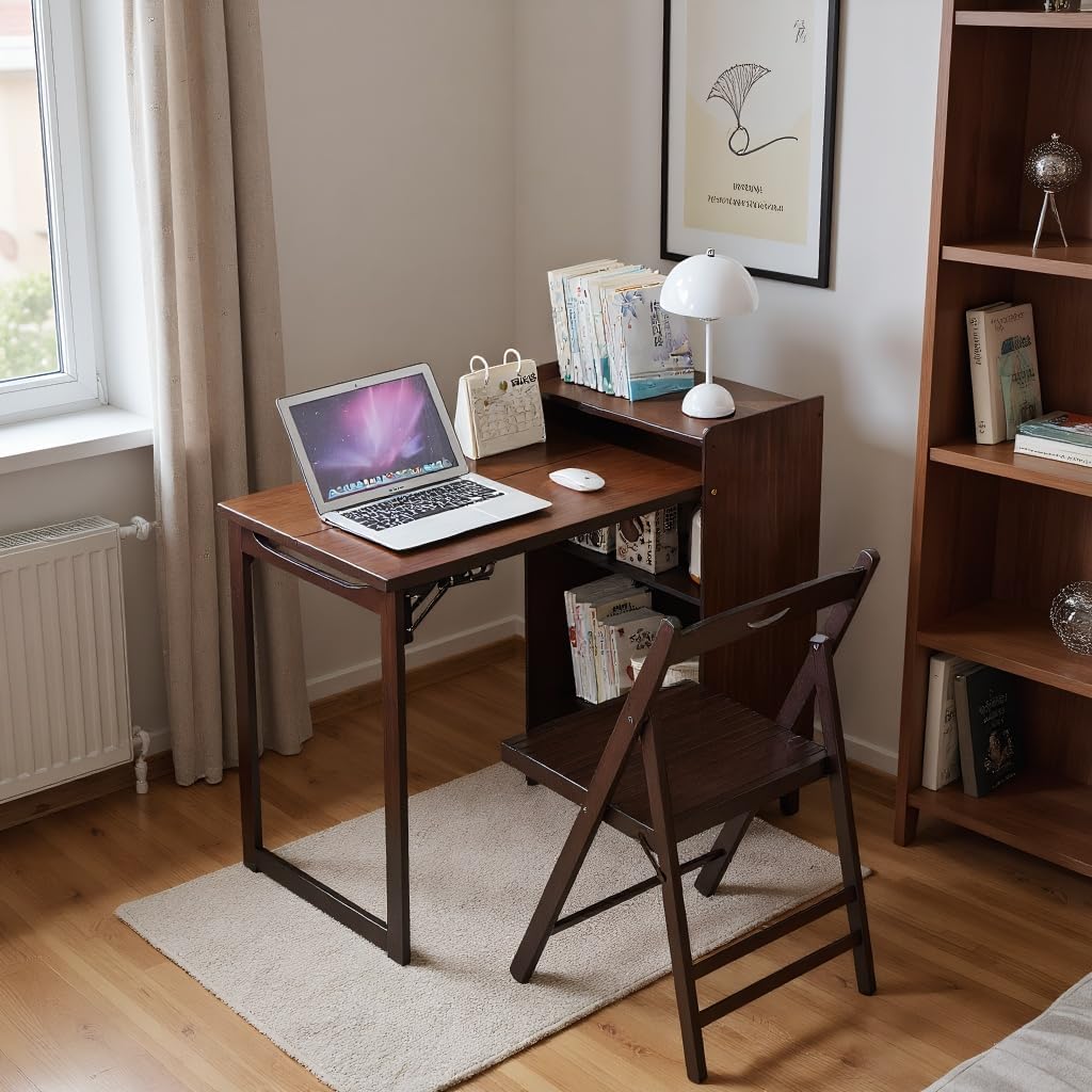 Bamboo Folding Desk with Hidden Storage, Foldable Computer Desk for Small Spaces, Mid Century Modern Writing Table, Space-Saving Bamboo Desk for Home Office Bedroom (Walnut +1)