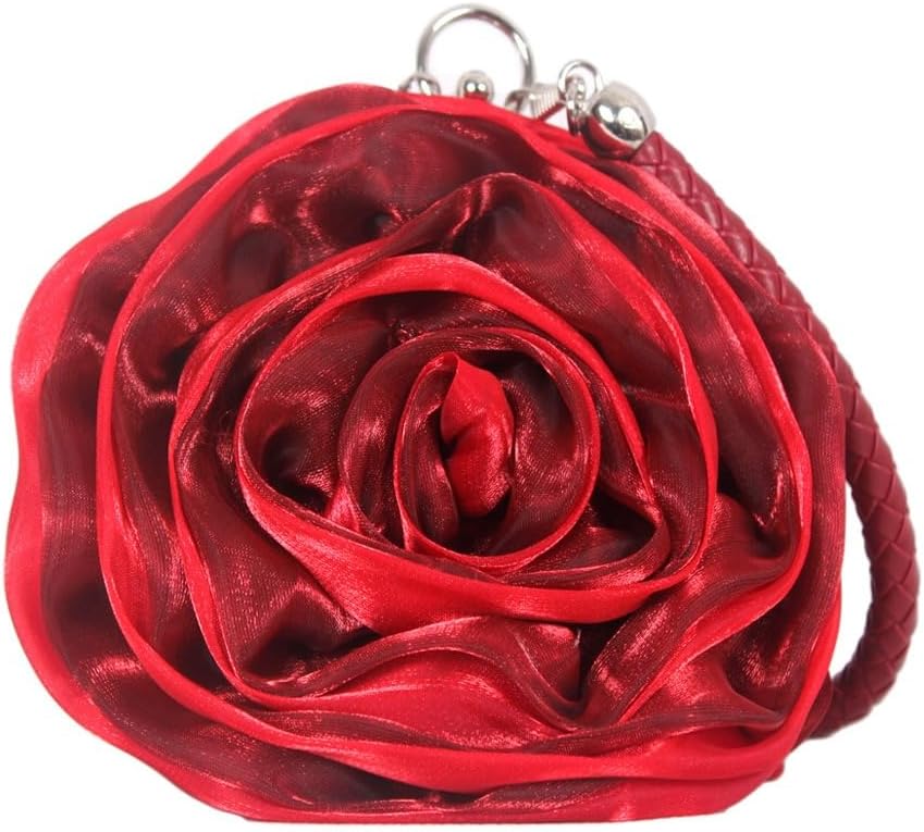 Rose Shaped Evening Bag for Women with Cherry Bag Charm, Elegant Satin Clutch Purse Floral Wristlet Handbag for Wedding, Party, Prom - Soft Bridal Maroon Purse