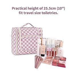 Narwey Checked Hanging Travel Toiletry Bag for Women, Travel Bag for Toiletries, Makeup Bag Organizer Cosmetic Bags Make Up Bags for Women (Dusty Rose Checkerboard)