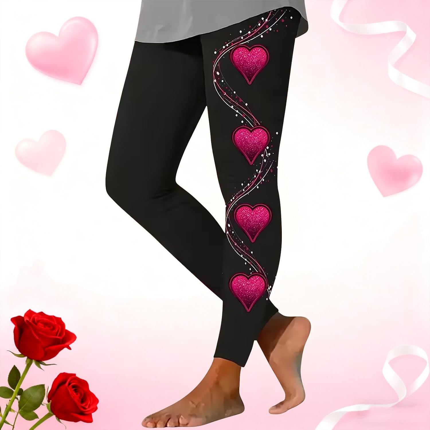 Womens Valentines Leggings Cute Love Heart Print Graphic Valentine Tight Slim Fit Soft High Waisted Yoga Pants - Image 4