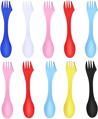 Paquete de 10 tenedores de camping, 3 en 1, cuchara de viaje, tenedor de cuchara de viaje, 7 pulgadas, espátulas de plástico duradero ecológico,