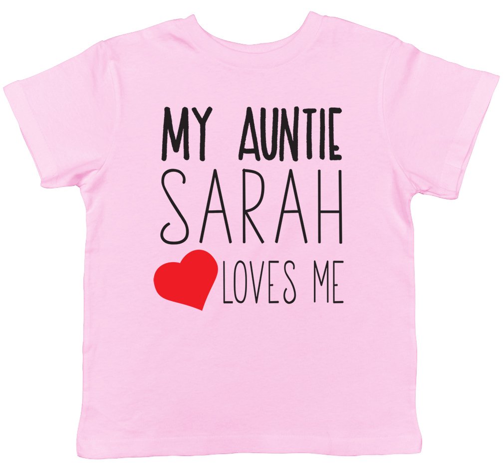 Shopagift Boys Light Pink Personalised My Auntie Any Name Loves Me Short Sleeve Kids Childrens Girls T-Shirt Pink, Customised Tee Shirt Birthday Gift Idea For Niece Nephew From Aunty Aunt