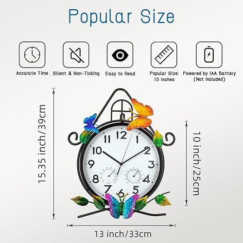 Miniatura 2 de HOBYLUBY Reloj de pared grande de 15 pulgadas, reloj de pared con termómetro y humedad, silencioso, sin tictac, impermeable, para patio, sala de