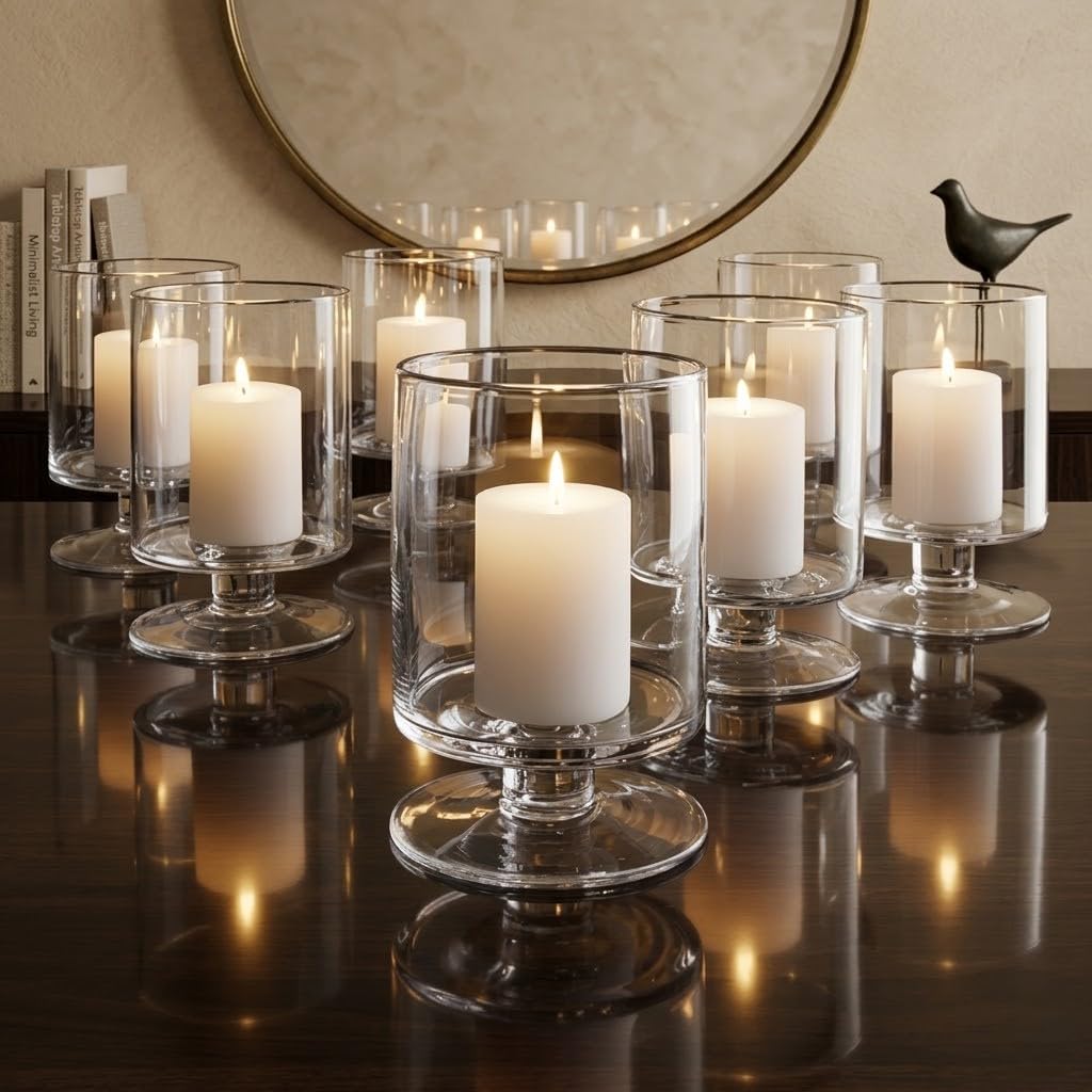 Surekha Hurricane Pillar Candle Holders | Short Stem Candle Jars | Stemmed Glass Cylinder Candle Vase| Center Piece for Table for Home, Office, Living Room Decor (1)-image-5