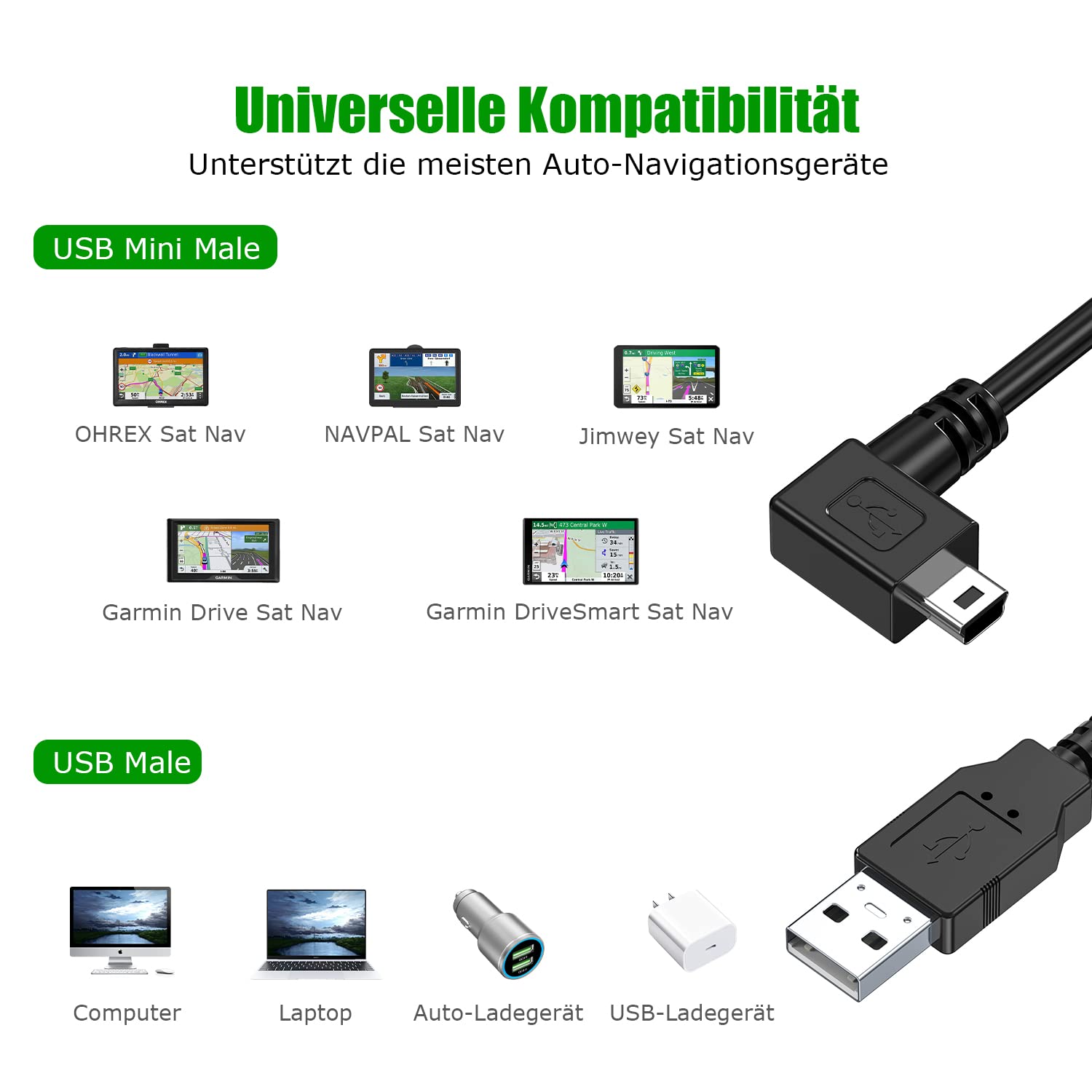 Mellbree Caricabatterie USB per Garmin Navi 2M, cavo di ricarica a 5 pin angolo retto