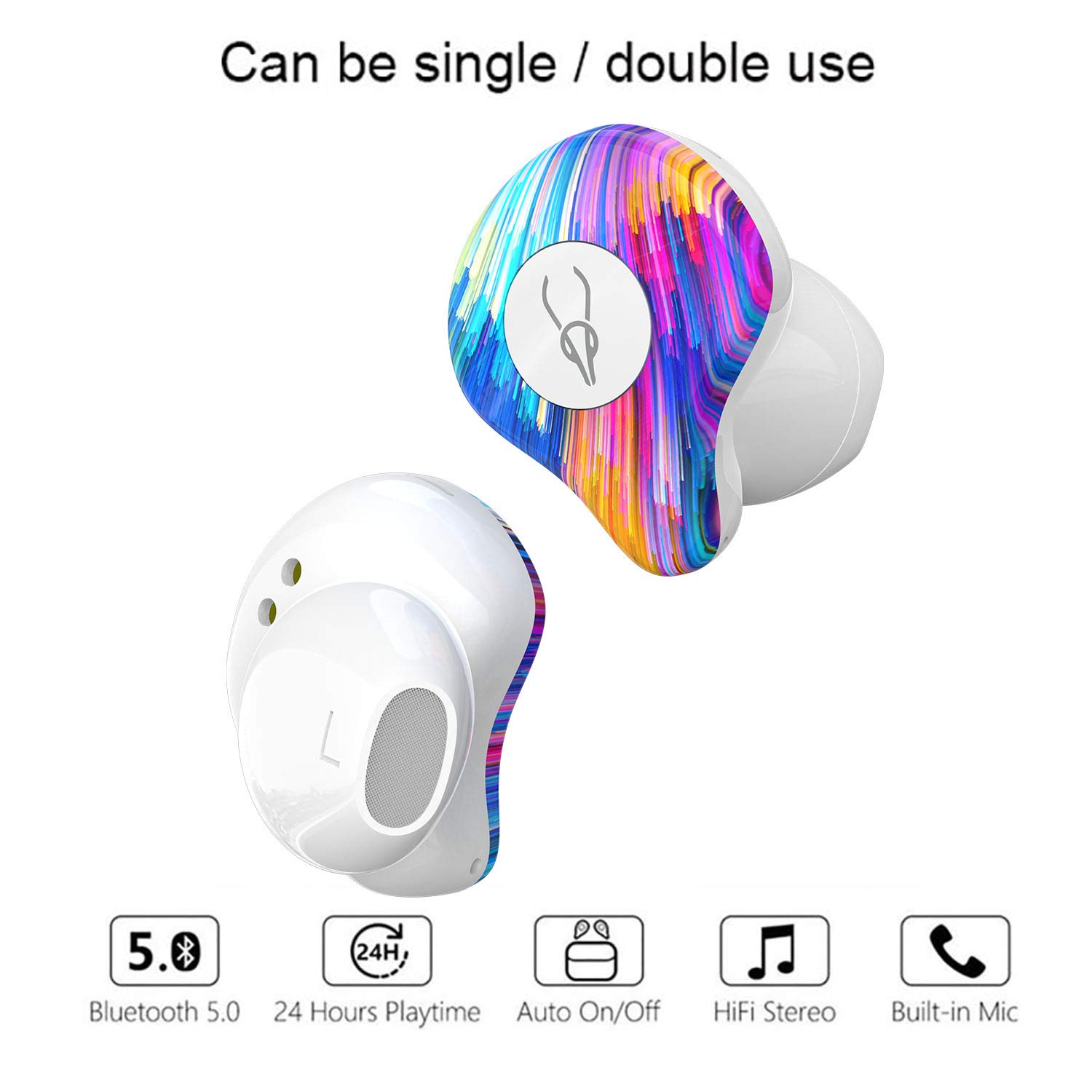 True bezprzewodowe słuchawki douszne, bezprzewodowe słuchawki Bluetooth 5.0, głęboki bas, stereo z redukcją szumów, odporne na pot słuchawki Bluetooth TWS, bezprzewodowe słuchawki z przenośnym pudełkiem do ładowania, tęczowe