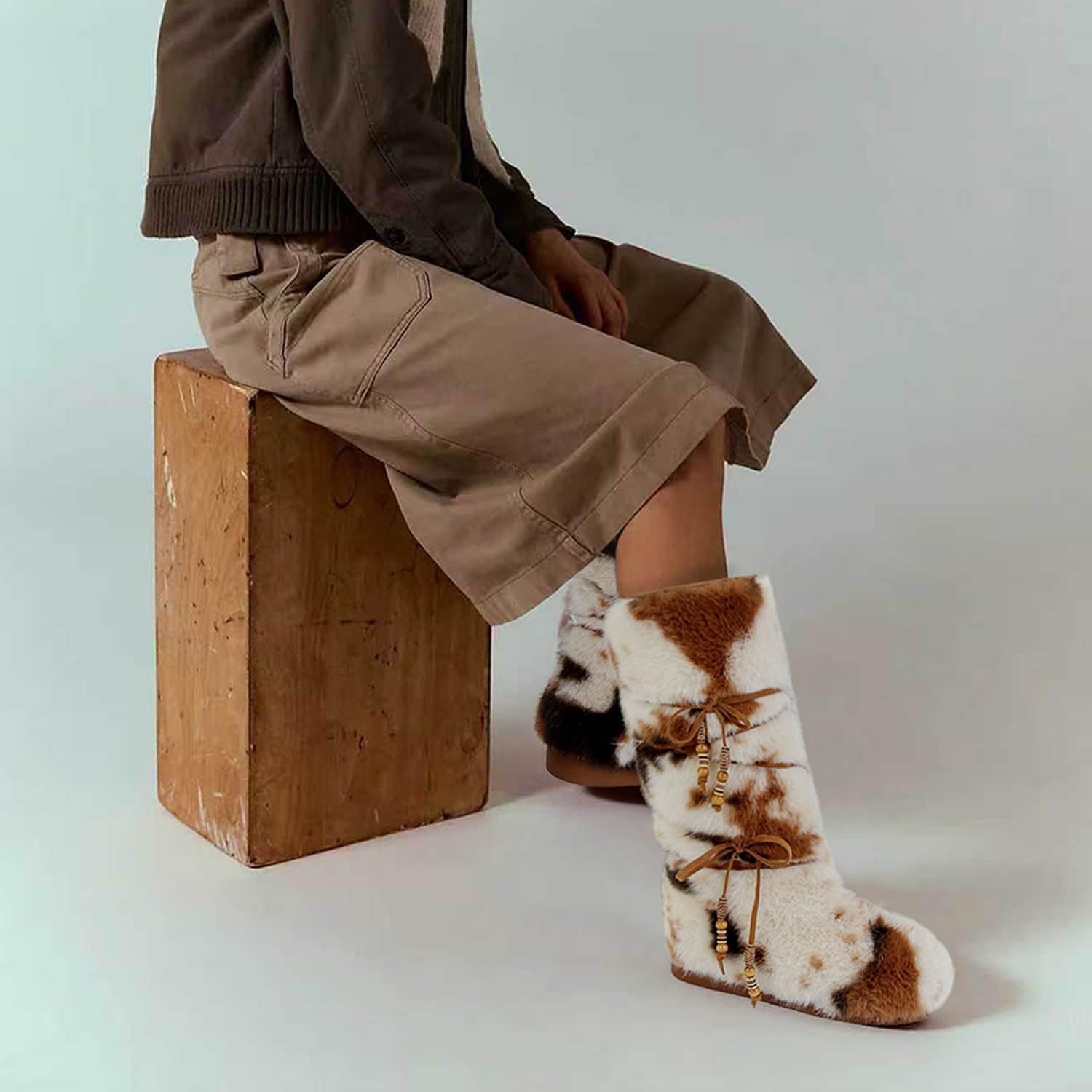 Faux Fur Boots for Women Cow Print Fuzzy Fluffy Furry Boots Winter Snow Boot Cute Comfort Warm Shoes Soft Knee High Boot Mid Wide Calf Shoes