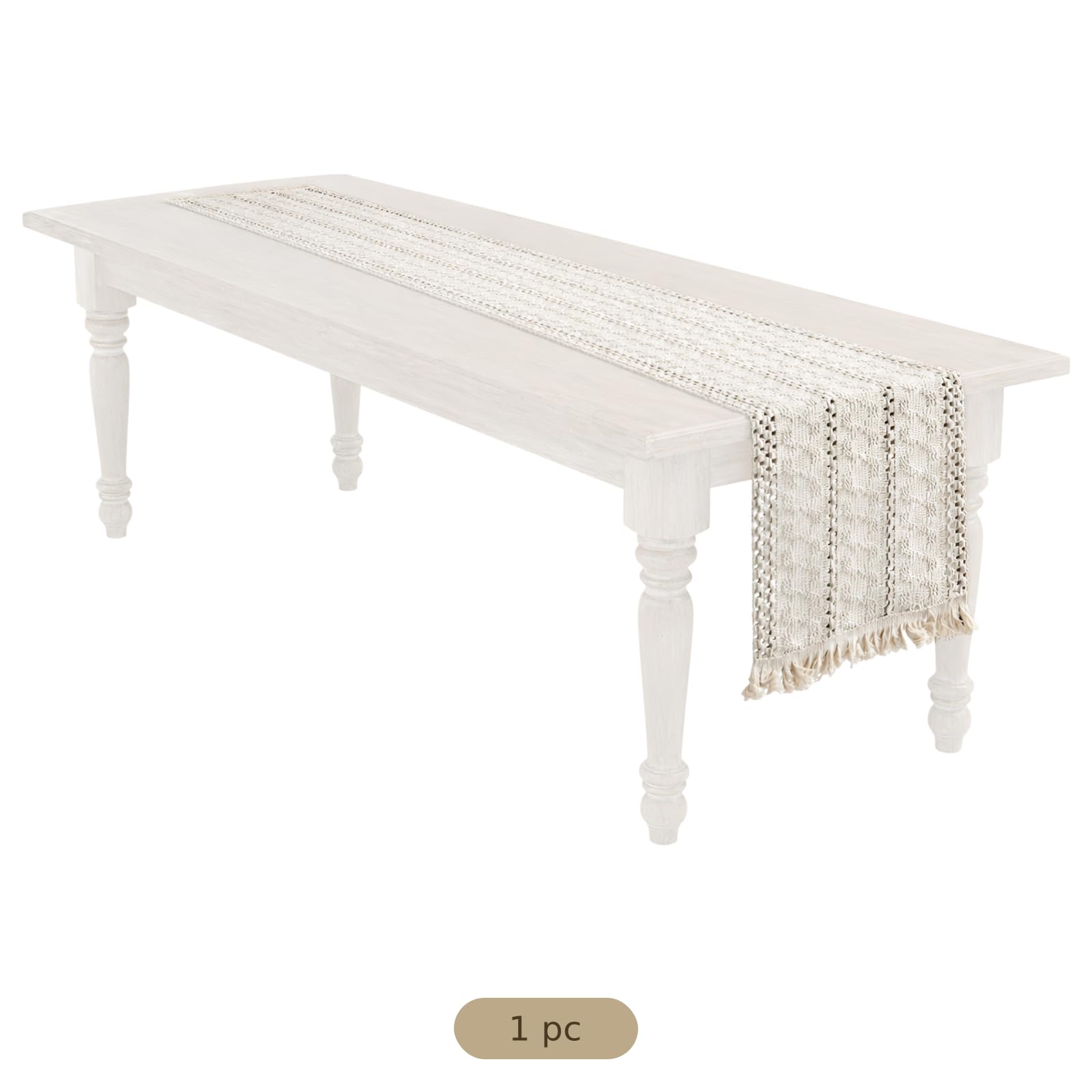 Tischläufer aus Baumwoll-Leinen, gewebter Tischläufer mit Quasten, gestreifter genähter Strickläufer, natürliche Creme-Deko für Küche, Esstisch und Esszimmer, neutraler Farmhouse-Boho-Stil