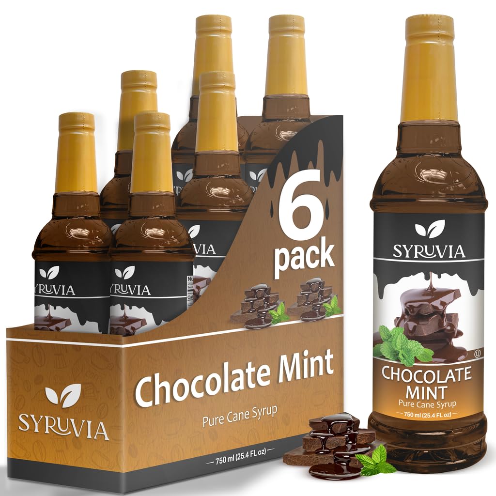 Chocolate Mint Syrup by Syruvia 6-Pack, 25.4 fl oz, Wholesale Coffee Syrup Shops, Cafes, Baristas, Bistros, & Beverage Bars, Bulk Kosher & Gluten-Free