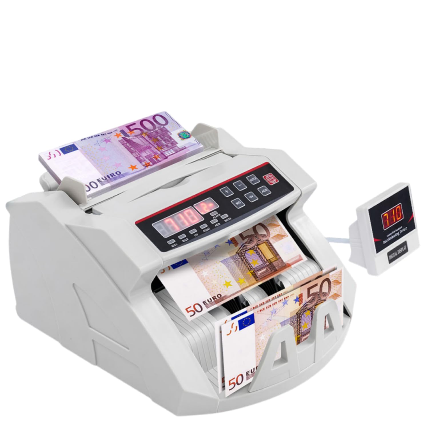 Contapoldi, contatore banconote con test UV/MG/IR, 900 fogli/min, EUR/USD/GBP, conteggio 1-999 pezzi, con display esterno, per negozio, banca, supermercato (bianco)