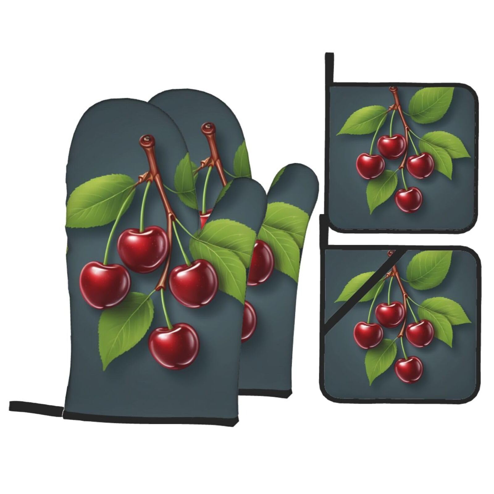 HJFCZH Fresh Cherry Picture Kitchen Baking Set of 4 Thick Insulated Oven Mitt & Pot Holders, Anti-Scalding for Microwave, Oven, Outdoor BBQ