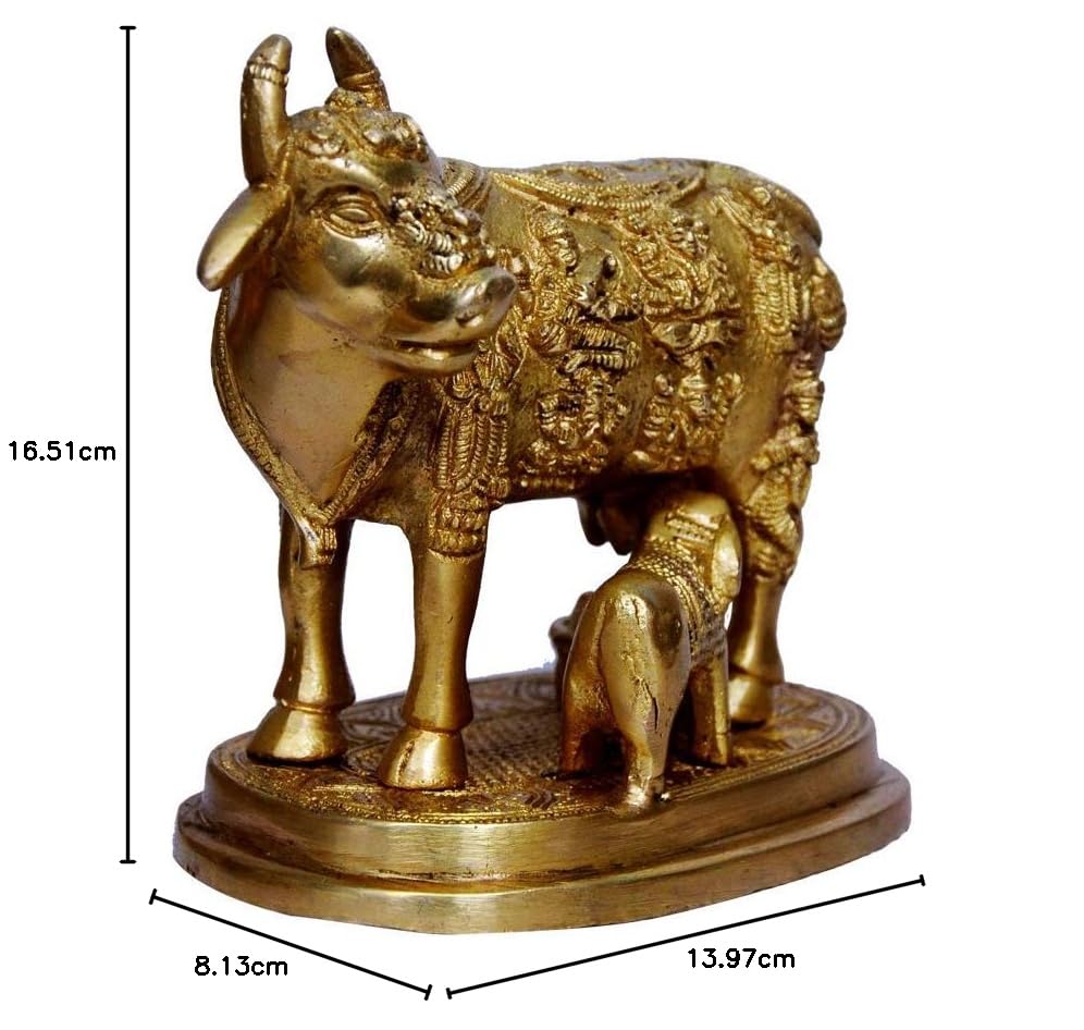 Image of Brass Kamdhenu Cow and Calf Nandi Pooja Figurine Sculpture, Product Dimensions - 6.5 x 3.2 x 5.5In, 2.2Kg