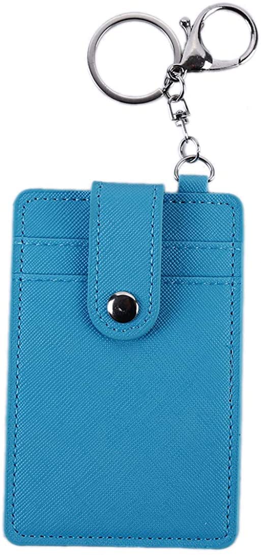 PU Leather Travel Card Bus Pass Credit Card Wallet Cover Case Holder with Keychain Blue