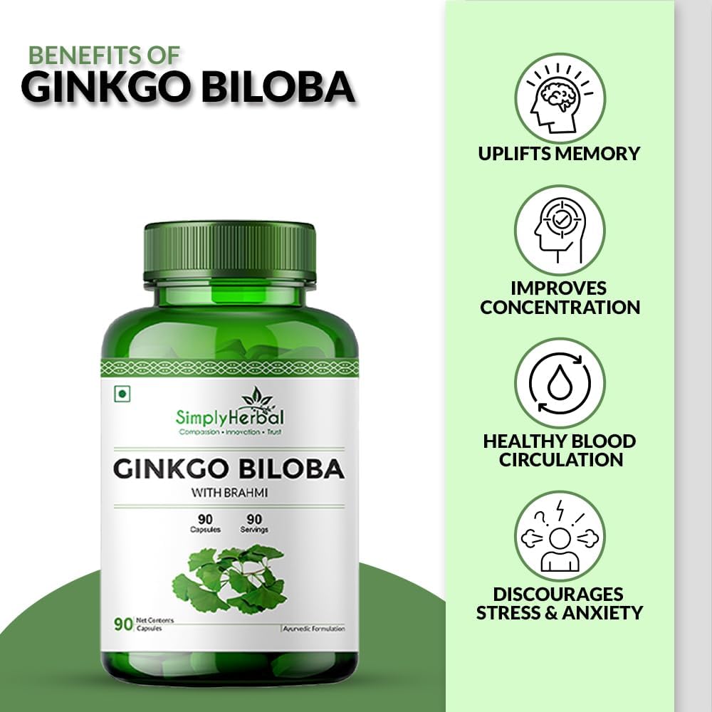 Simply Herbal Ginkgo Biloba 120mg with Bacopa Monnieri Extract Brahmi 380mg for Enhanced Focus, Promotes Blood Circulation, Supports Mental Clarity, Memory and Learning, 90 Capsules