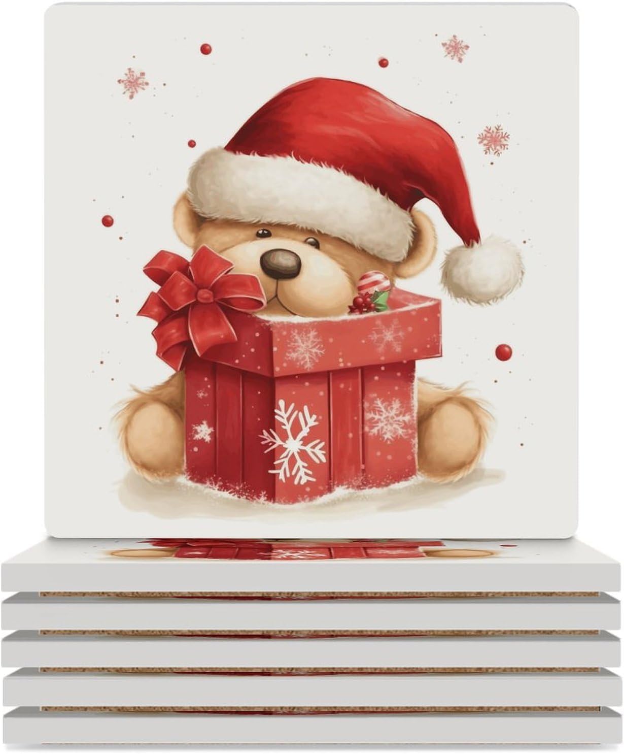 Santa Hat Gift and Merry Christmas Coasters Absorbent Ceramic Coasters for Drinks Coaster with Cork Backing for Table Protection Square Drink Cup Mat Modern Style Coaster for Coffee Table