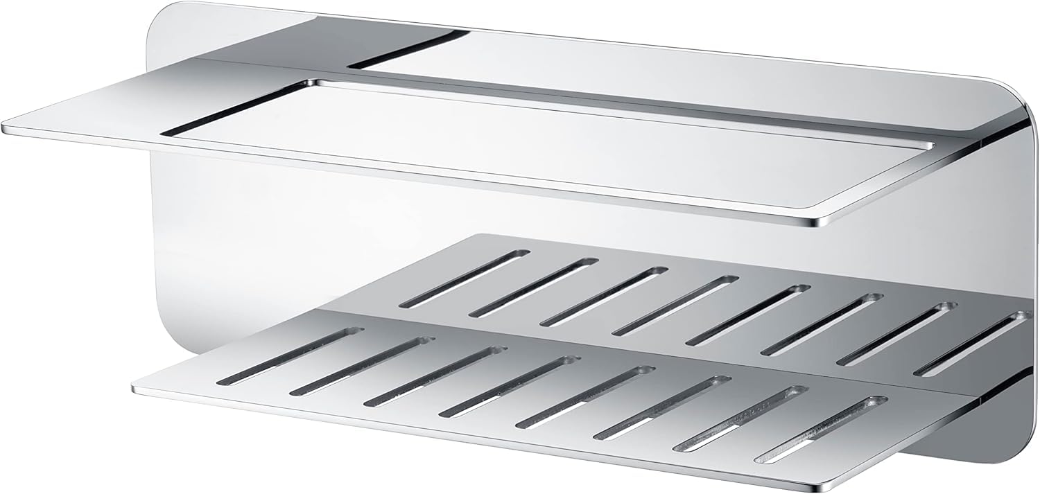 IMEX - Jabonera Ducha sin Taladro Pared Cromado | Jabonera Frontal en Acero Inoxidable S.304 | Resistente a Humedad y Corrosión | Doble Sistema de Fijacción (Atornillado o Pegado)