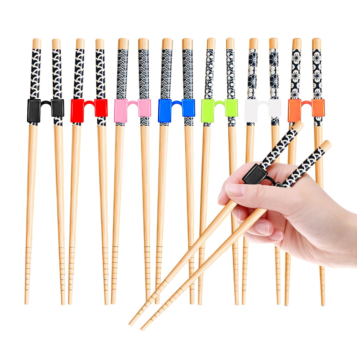 EAEDMY 7 Pairs Training Kid Adult Chopsticks and Trainers for Beginners, Japanese Wooden Beginners Training Chopsticks Helpers Set, Reusable,