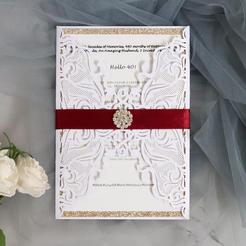 Hochzeitskarte (50 Teile/los) Spitze Rosa Hochzeit Einladung Karte Gold Glitter Engagement Geburtstag Taufe Einladungen Hochzeitskarten(White,Whole Set blank)