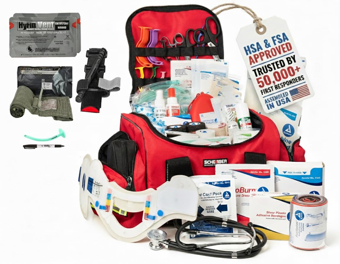 Scherber Fully-Stocked First Responder Bag | Professional EMT/EMS Trauma & Bleeding Medical Kit | HSA/FSA Approved | CAT Tourniquet, HyFin Chest Seal,