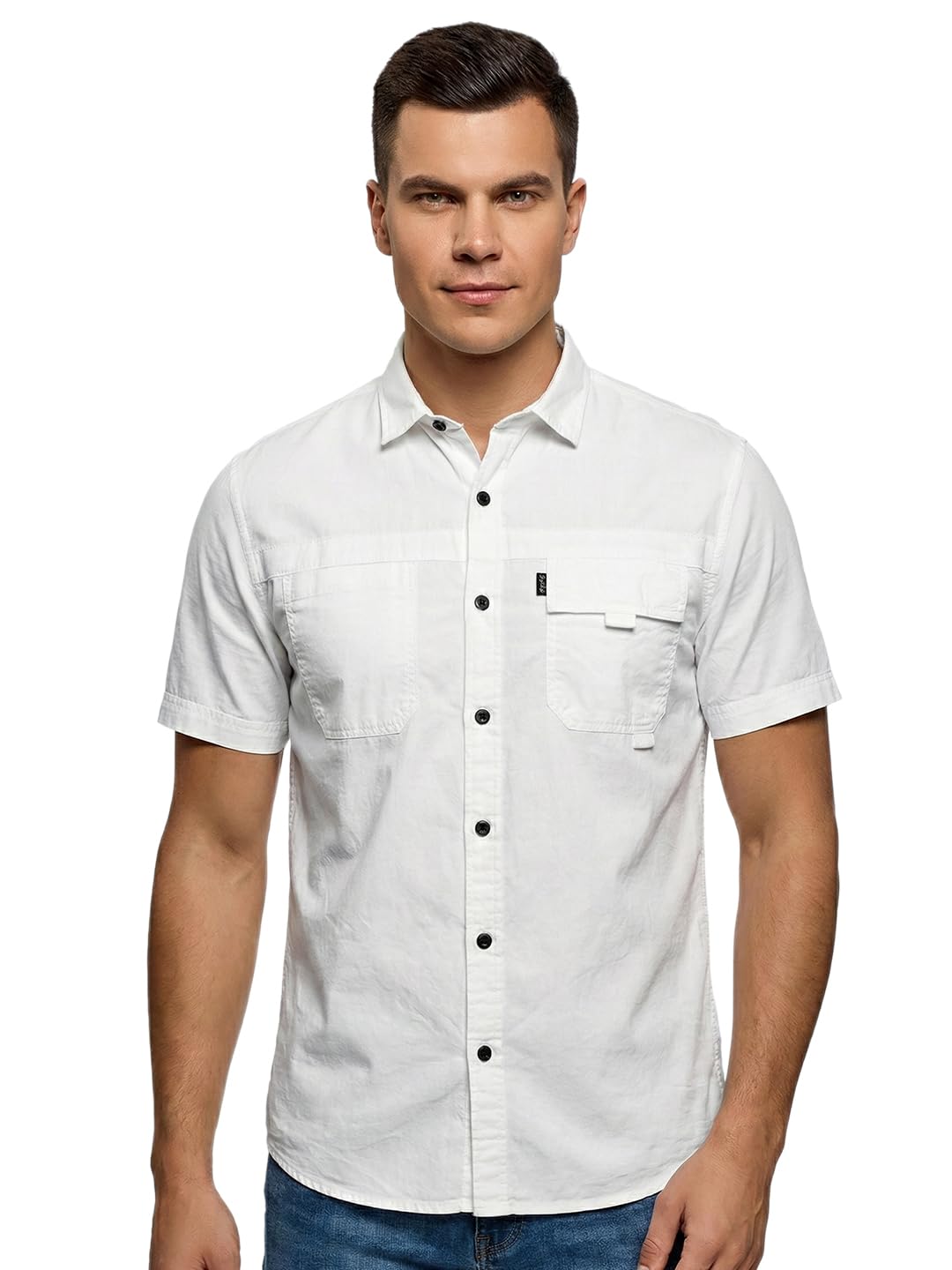 WOLF & CO. Men’s Shirt Half Sleeve, Cotton Spread Collar, with Double Chest Pockets Regular Fit, Casual Shirts, White