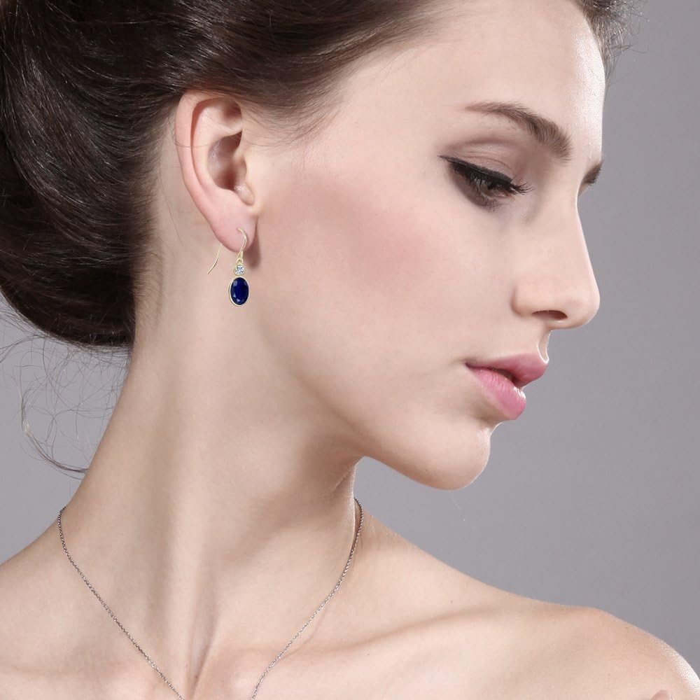 Gem Stone King 14K Yellow Gold Blue Sapphire and White Topaz Hook French Fish Ear Wire Dangle Earrings For Women (3.86 Cttw, Gemstone September Birthstone, Oval 8X6MM, Round 3MM)