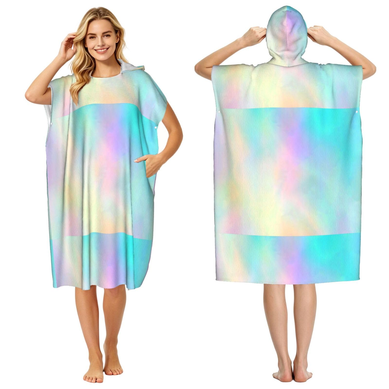 Poadnly Very Beautiful Rainbow Texture Hologram Foil, Adult Hooded Beach Towel 90 x 110 cm,Changing Bath Robe, Surf Poncho Towel For Women Men