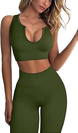 QINSEN Women's 2-Piece Ribbed Seamless Crop Tank & High-Waist Leggings