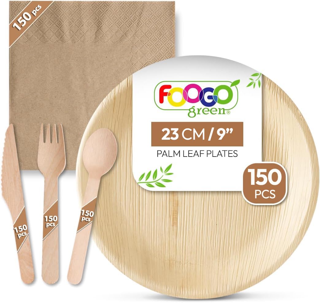 FOOGO 850pcs Disposable Palm Leaf Plates, Wooden Cutlery Set and Napkins, 150x Large Round Forks, Knives, Spoons, Biodegradable, ‎natural Wood (CMB11RND-NAPBROWN-150)