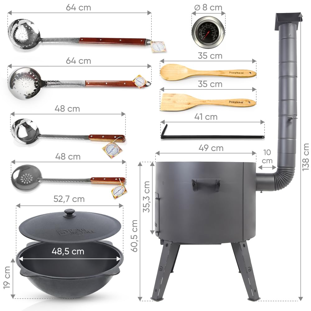 Utschak Feuerofen Ø 49 cm Gusseisen Topf 22 L Ø 52,7 cm Kazan-Set mit Deckel Outdoor Feuerschale Dutch Oven Usbekischer Kochtopf aus Gusseisen für Grill Plov