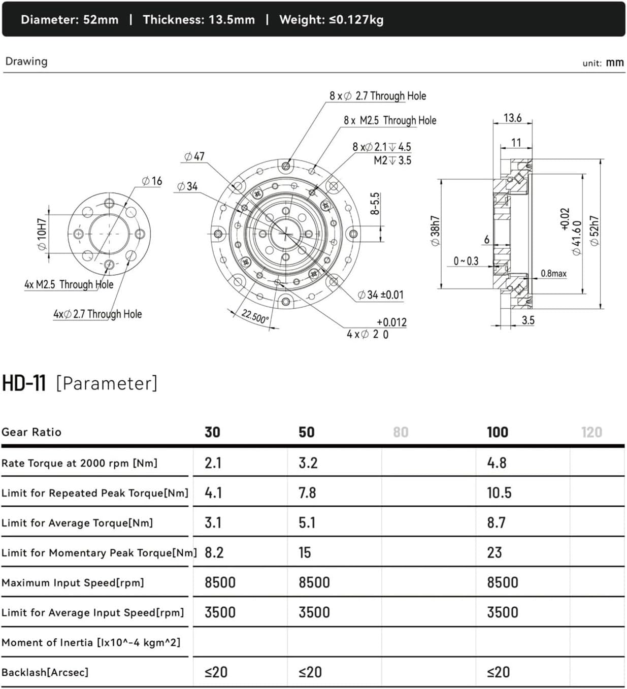 ギアハーモニックドライブ減速機 HD11-30/50/100 ハーモニック
