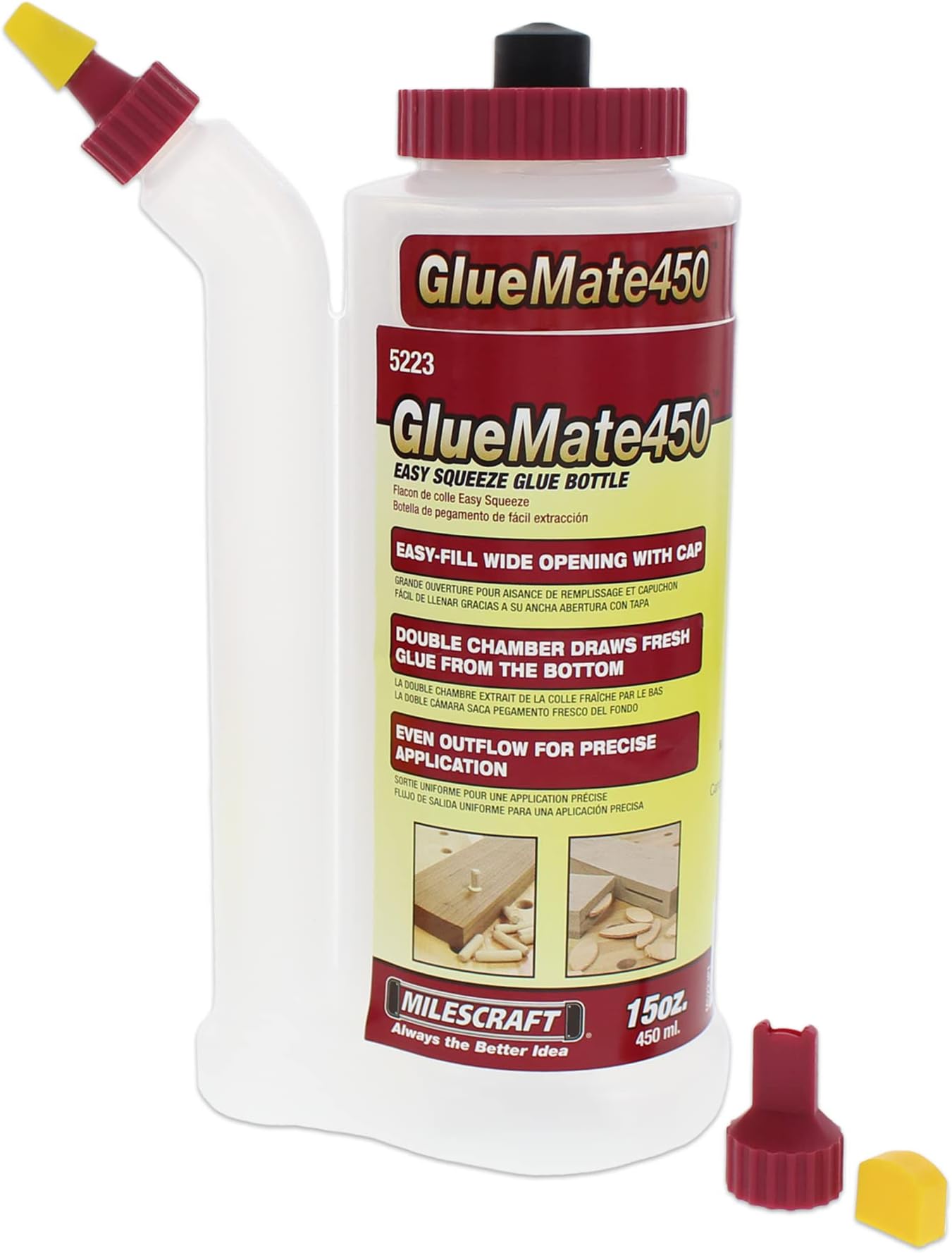 5223 Glue Mate 450-15oz. (450ml) Precision Wood Glue Bottle - Anti-Drip - Dowel and Biscuit Tips Included - Easy Flow Multi-Chamber Design - Ideal for Woodworking