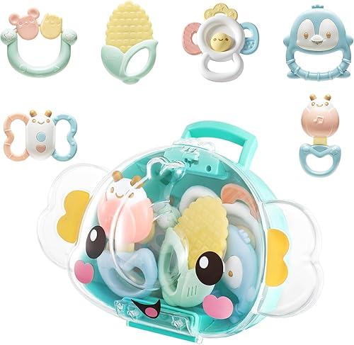auby Sonajero mordedor, 6 juegos de juguetes con caja de regalo, material TPE de juguete para bebés y resistente al calor, adecuado para recién