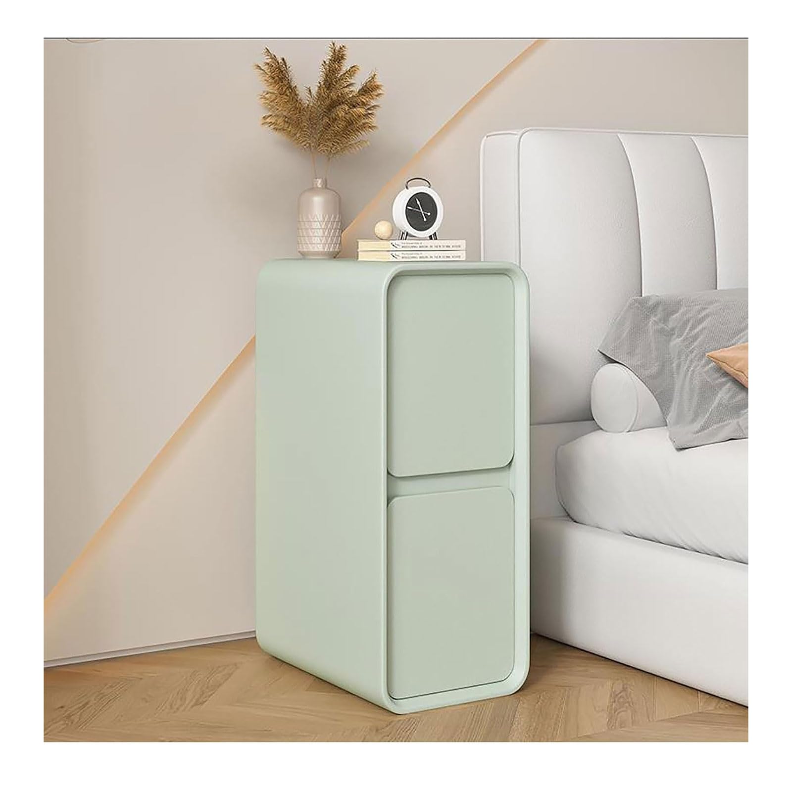 Extra Narrow w/2 Solid Wood Drawers Modern Small Slim Bedside Table Sofa Locker End for Bedroom Living Room Dorm, 25x40x50CM, Green