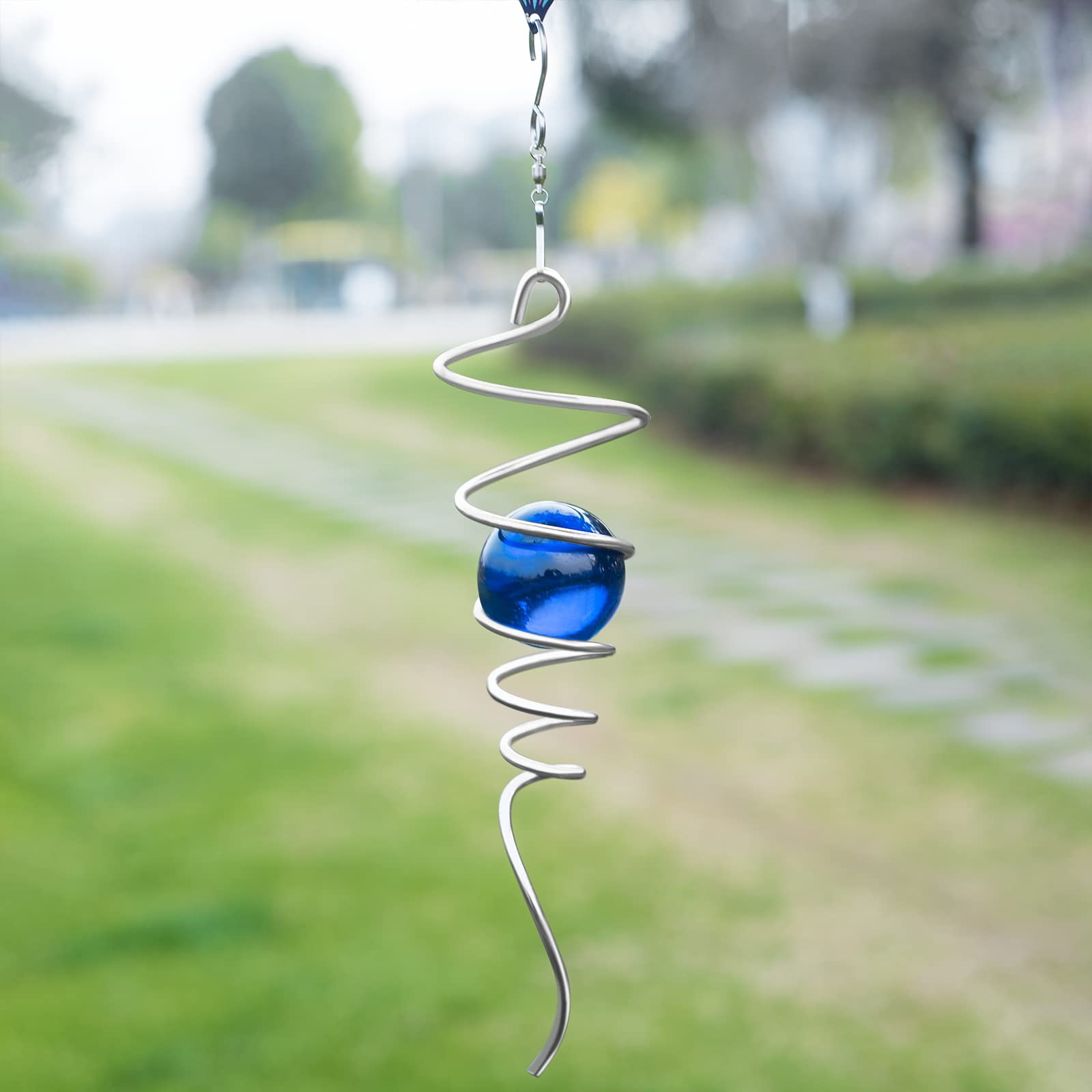 Gazing Ball Spiral Tail Wind Spinner Stabilizer, Garden Decorations Stainless Steel Metal with Hook & Blue Crystal Glass Orb Outdoor Hanging Decor