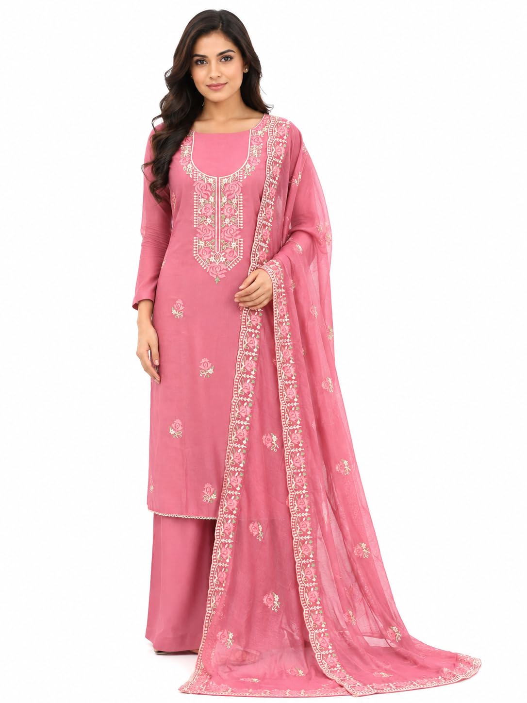 Women's Kashmiri Thread Embroidered Unstitched Salwar Suit Material Set | Soft Maslin Silk Top with Santoon Bottom & Mul Chanderi Dupatta | Traditional Dress Material for Festive & Party-image-0