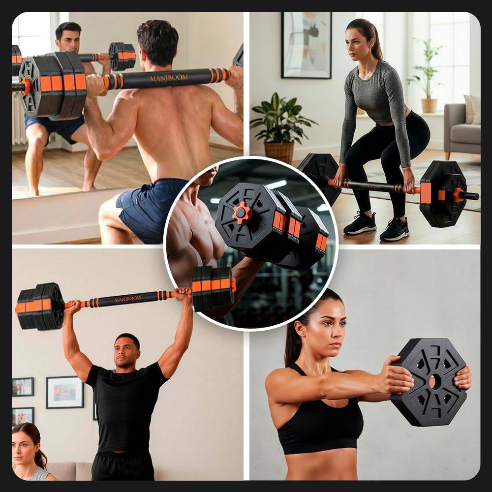 ManiBoom Pesas y Mancuernas Ajustables - Kit de Pesas Ajustables con Barra y Cierre de Seguridad - Equipo de Entrenamiento Progresivo para Toda la Familia