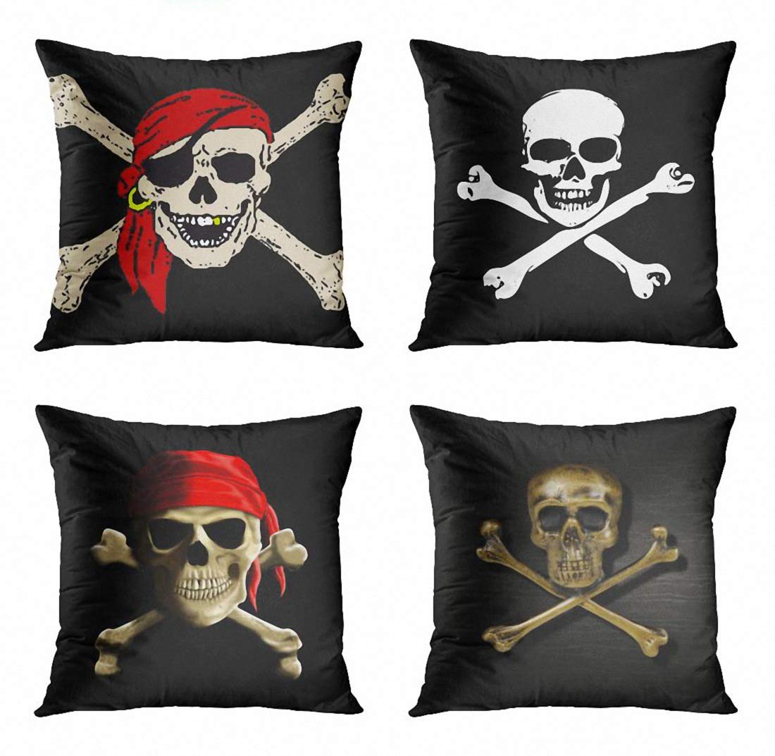 ArtSocket Set of 4 Throw Pillow Covers Jack Jolly Roger Pirate Skull Bones Red Bandanna Larger Crossbones Skeleton Death Decorative Pillow Cases Home Decor Square 18x18 Inches Pillowcases