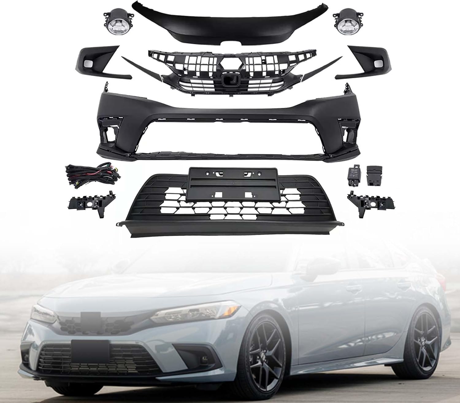 MGWILL Front Bumper Cover Kit Compatible with 2022 2023 2024 Honda Civic Si, LX, EX,Touring, Sport Sedan W/Upper Grille Lower Grill & Fog Lights - Full Body Set