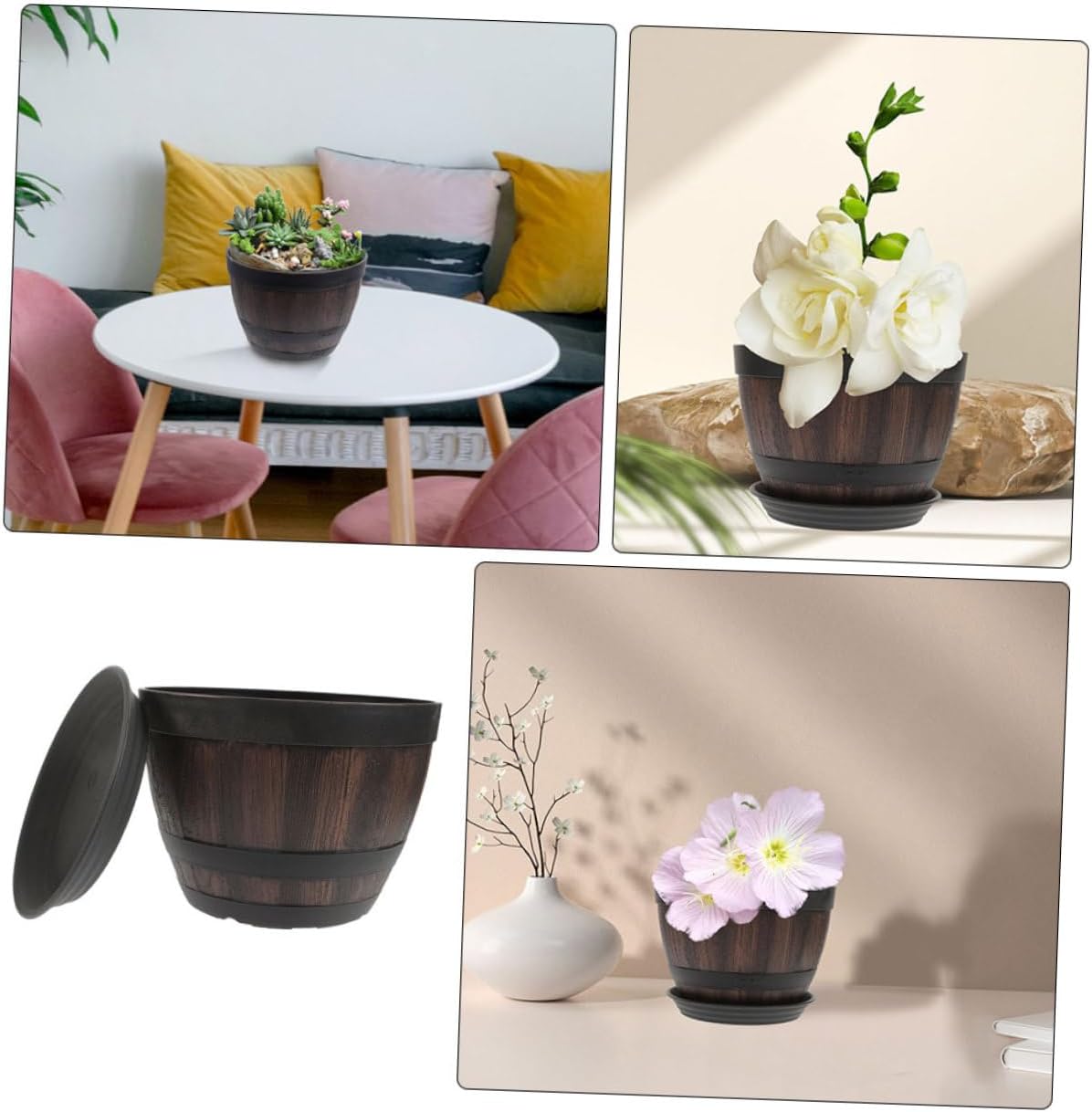GALPADA Faux Wood Planter Pot with Drainage Holes and Tray, Vintage Imitation Wooden Barrel Flower Pot for Garden Balcony Patio, Thickened Retro Plastic Bonsai Container