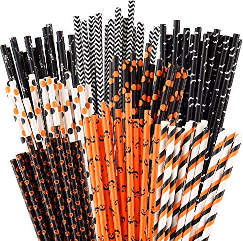 Shuiniba Halloween Biodegradable Pumpkin Skull Striped Wavy Dot Straws 7.75 Inches 100 Pack - Mix Style