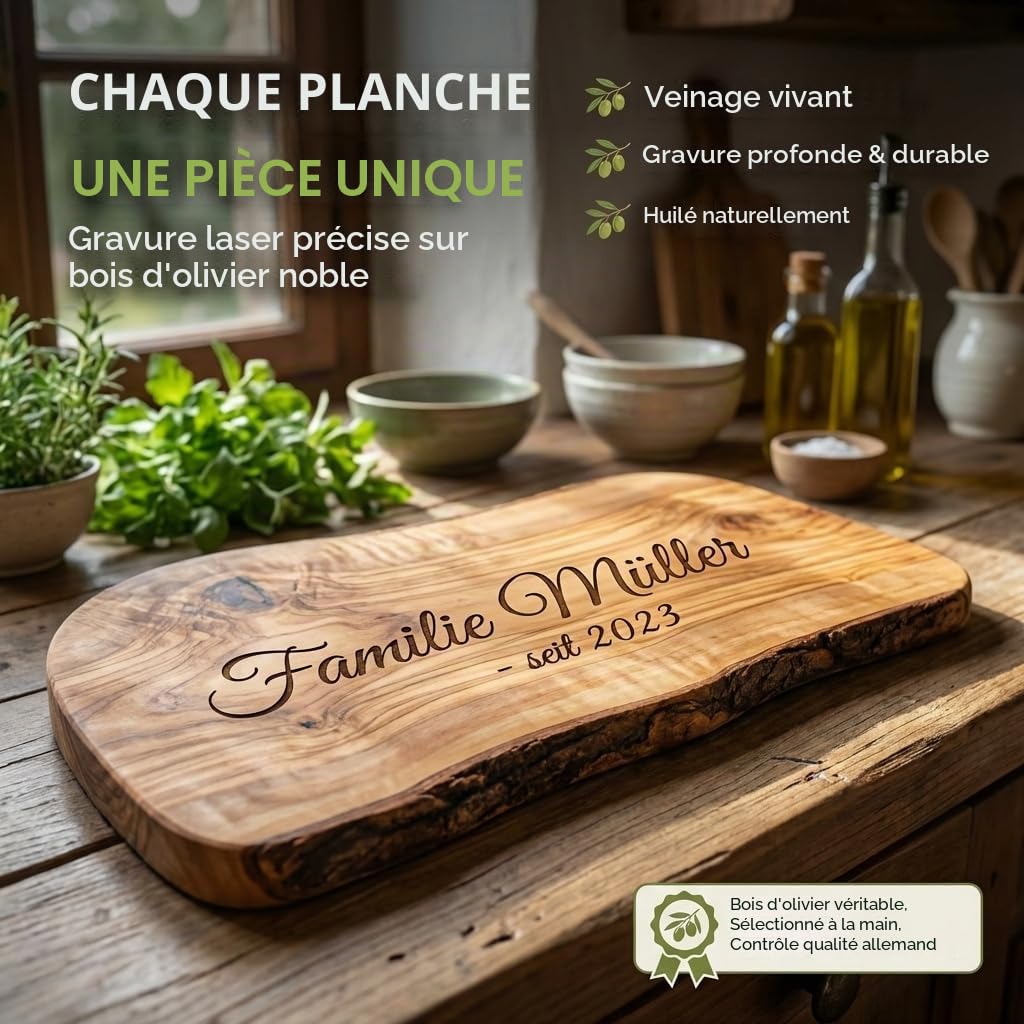 Planche à découper personnalisée, bois d'olivier - Planche à découper rustique en bois d'olivier avec gravure comme cadeau individuel (30-34 cm)