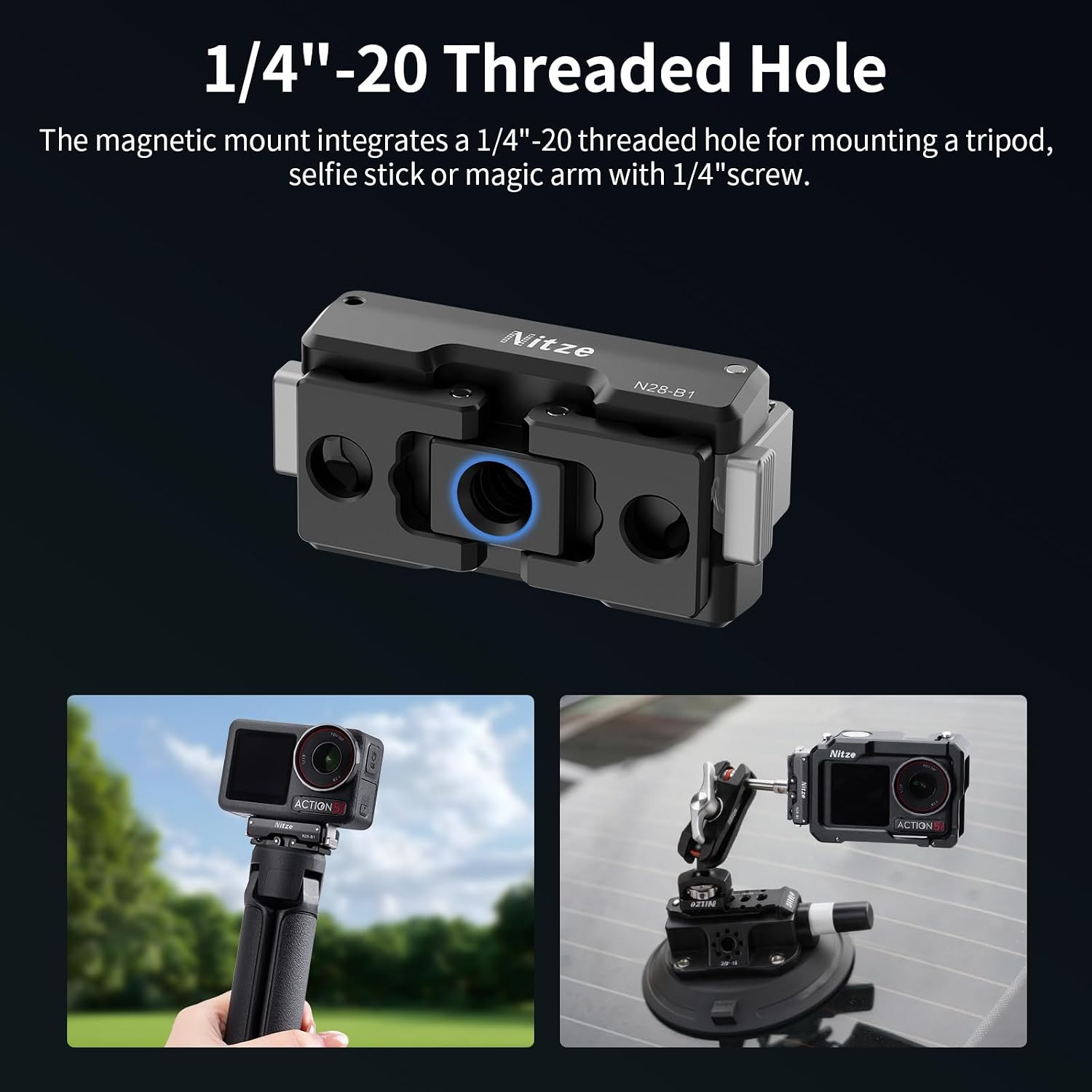 Nitze Foldable Magnetic Quick Release Adapter Mount for DJI Osmo 360 / Action 5 Pro / 4/3, with 1/4" Thread & Foldable 2-Prong Mount for Tripod, Selfie Stick and Action Camera Accessories - N28-B1