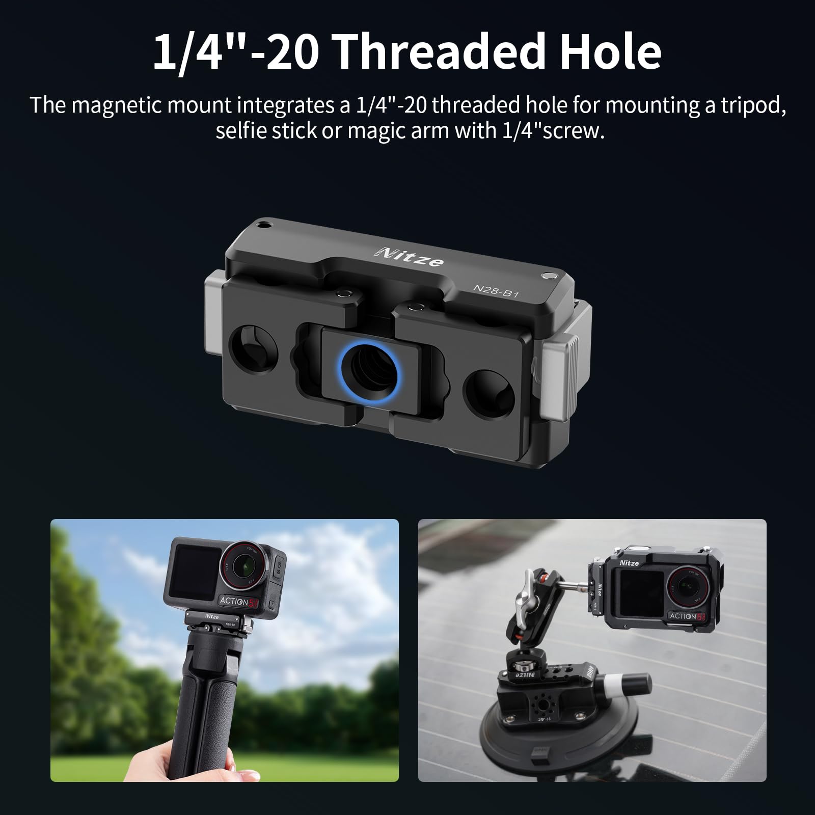 Nitze Supports Adaptateur Magnétiques à Dégagement Rapide pour DJI Osmo Action 5 Pro/4/3/Osmo 360, Adaptateur Magnétique avec Griffes Repliables pour Trépieds & Accessoires de Caméra d'Action - N28-B1
