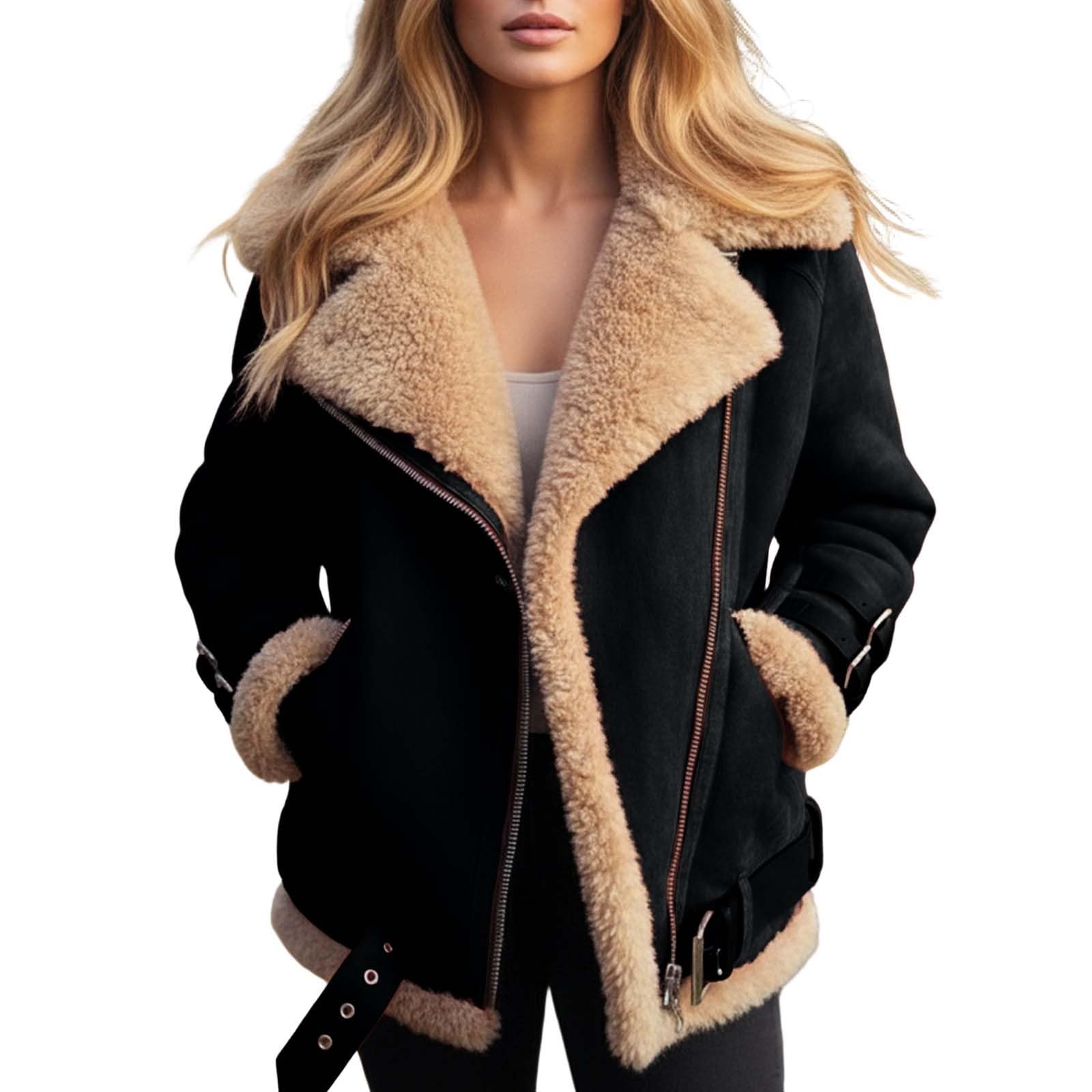 Generisch Lederjacke Damen Gefüttert Winterjacke Innenfutter Fellkragen Wildlederjacke Winddicht Revers Wintermantel Innen Fell Fleece Motorrad Vintage Teddyjacke,S-3XL