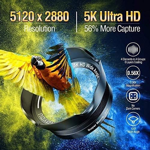 Phone Camera Lens Kit 2 in 1 Pro Camera Lens Kit,15X Macro 5K HD 0.56X Wide Angle for iPhone X XR XS Max 8 7 6S Plus Samsung with Bag and Travel Case