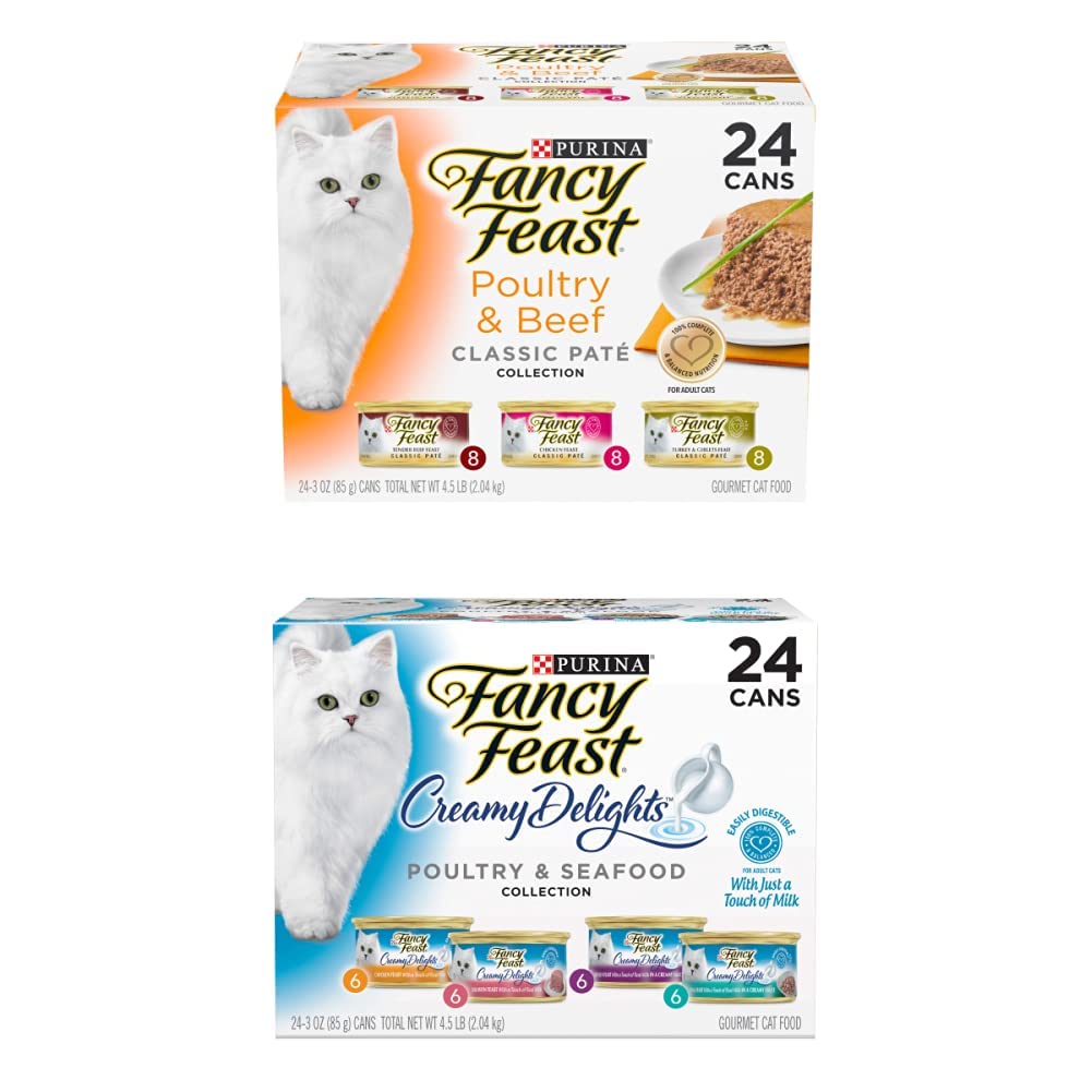 Purina Fancy Feast Grain Free Pate Wet Cat Food Variety Pack, Poultry & Beef Collection and Creamy Delights Poultry & Seafood Collection