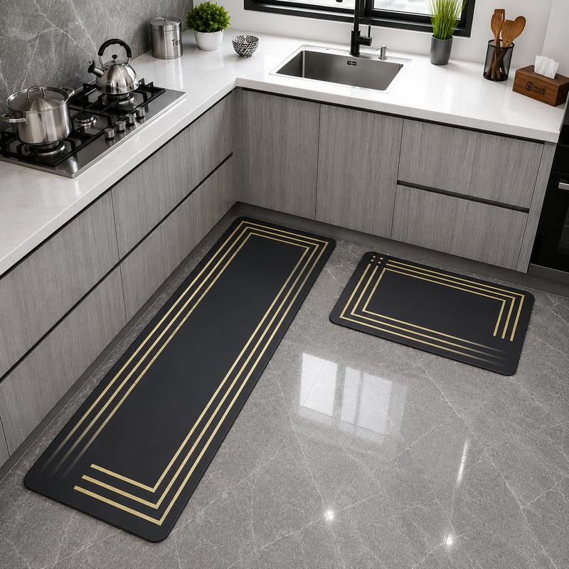 Dark Grey Yellow Kitchen Runner Rug Set - IXILUXE HOMES -1