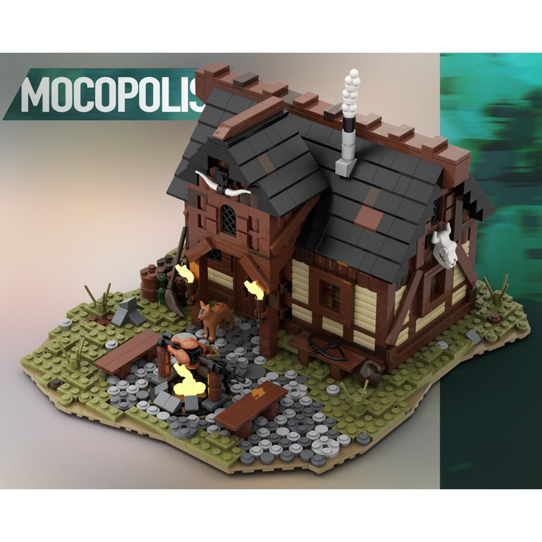 MOC Klemmbausteine Mittelalterliche Höhle Modul eines großen Dorfes Thema Modell, 1404 Teile Mittelalterliches Dorf Gebäude Set, MOC-112418
