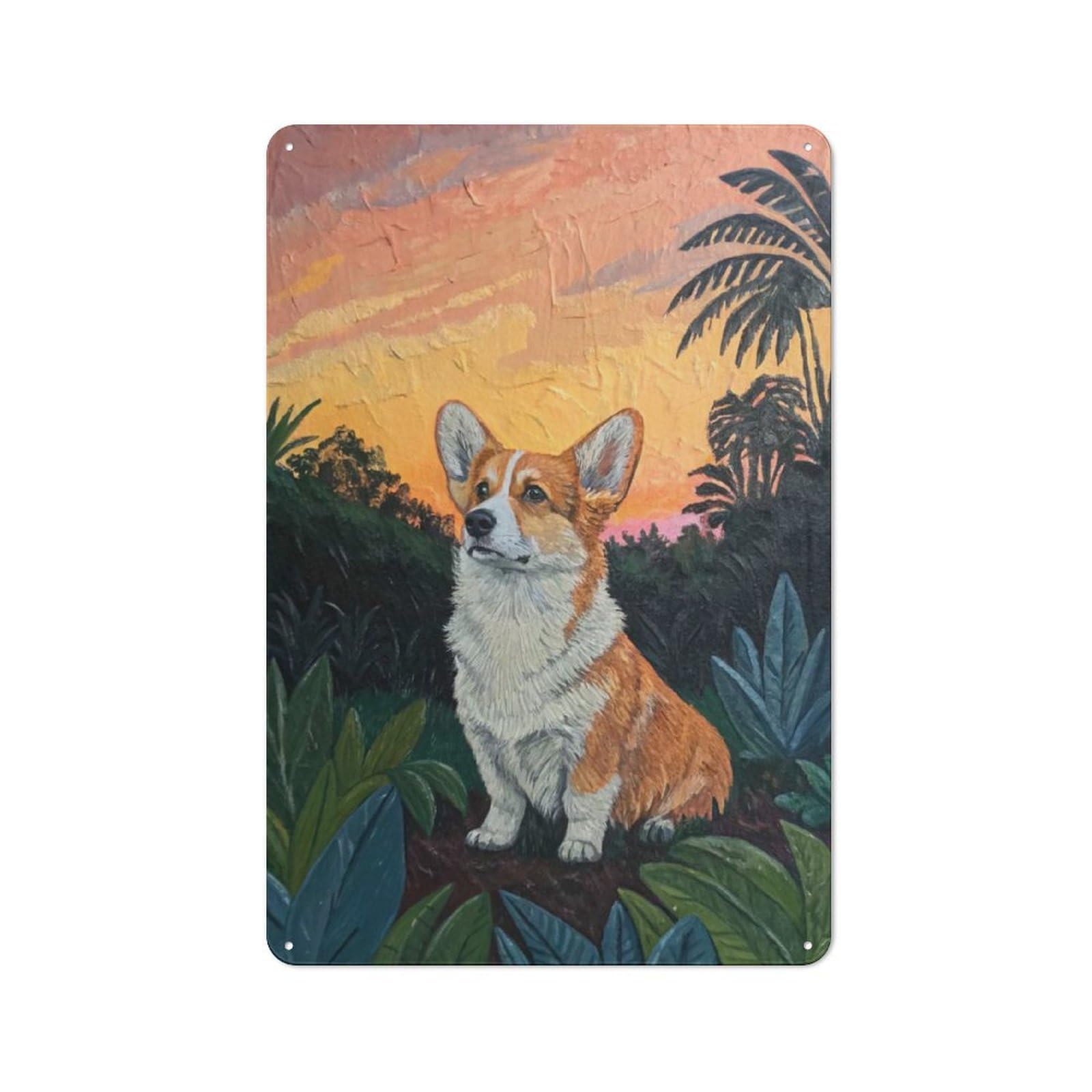 Junmoney Style-24 For Garden Room Or Summerhouse, Corgi In A Tropical Sunset Retro Metal Sign 30X20cm, For Vintage Wall Decor Fans, For Metal Sign Collectors